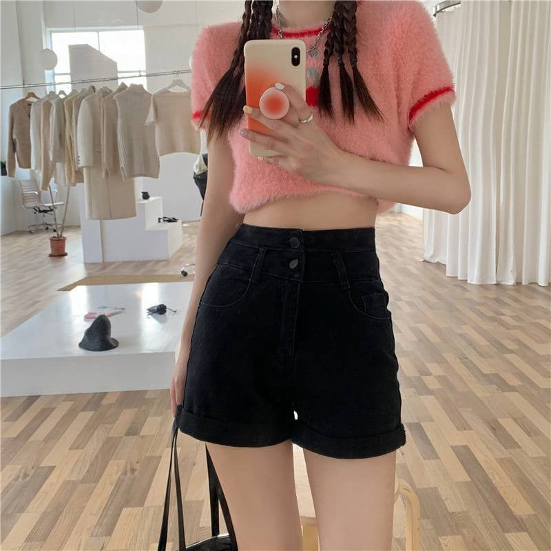 Curling Denim Shorts Women's Summer Loose High Waist Double Buckle