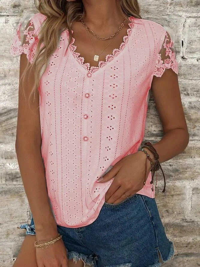 European And American Fashion Loose Solid Color Lace V-neck Short Sleeve T-shirt Top