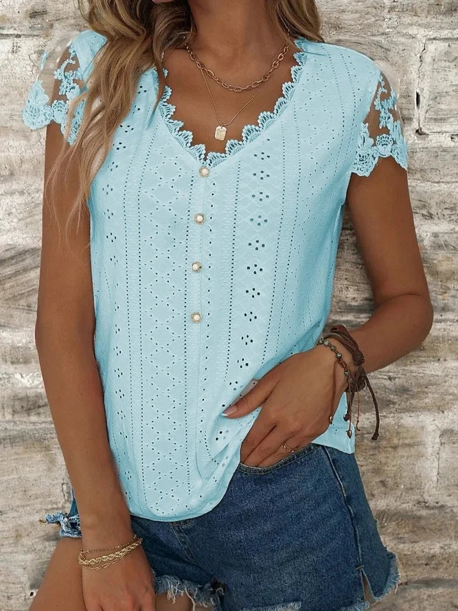 European And American Fashion Loose Solid Color Lace V-neck Short Sleeve T-shirt Top