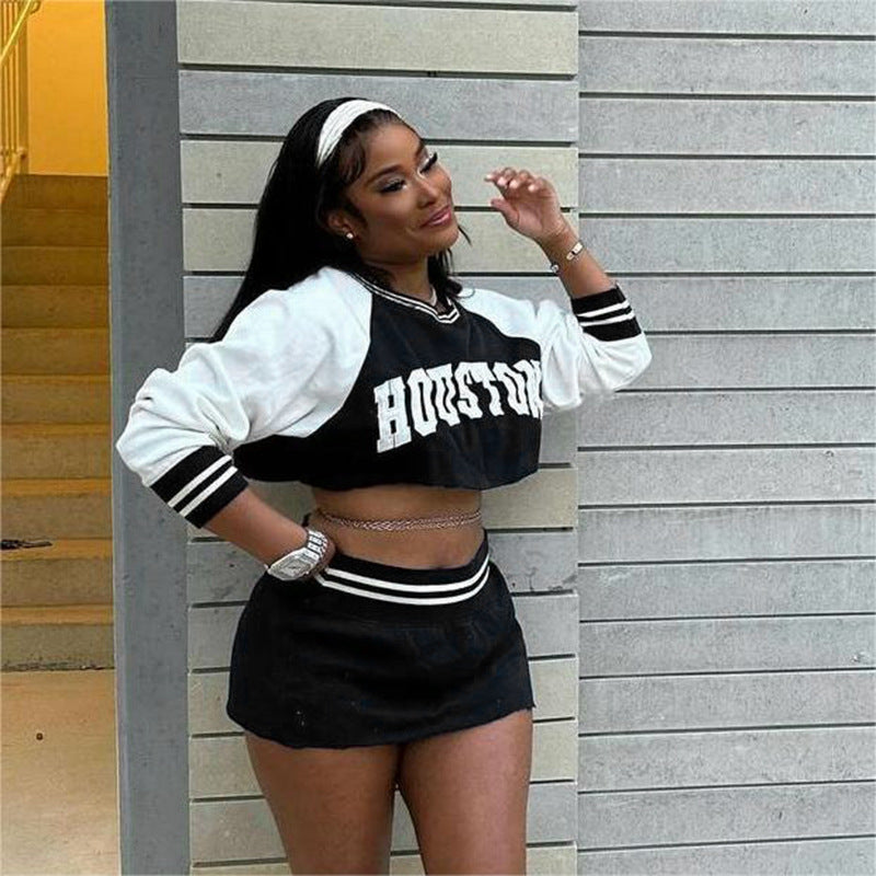 Women's Casual Slim Baseball Sweater Skirt Outfit