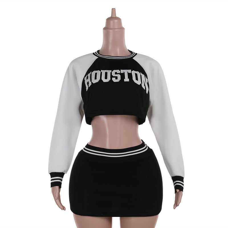 Women's Casual Slim Baseball Sweater Skirt Outfit