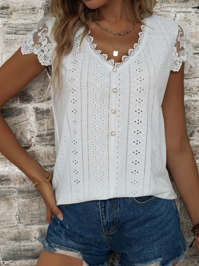 European And American Fashion Loose Solid Color Lace V-neck Short Sleeve T-shirt Top