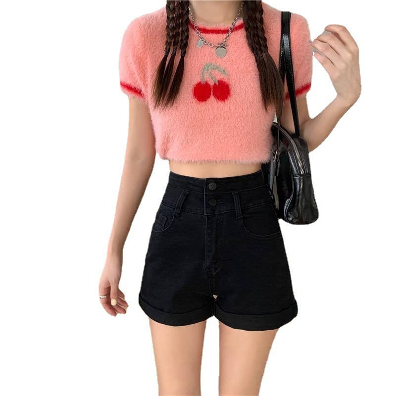 Curling Denim Shorts Women's Summer Loose High Waist Double Buckle