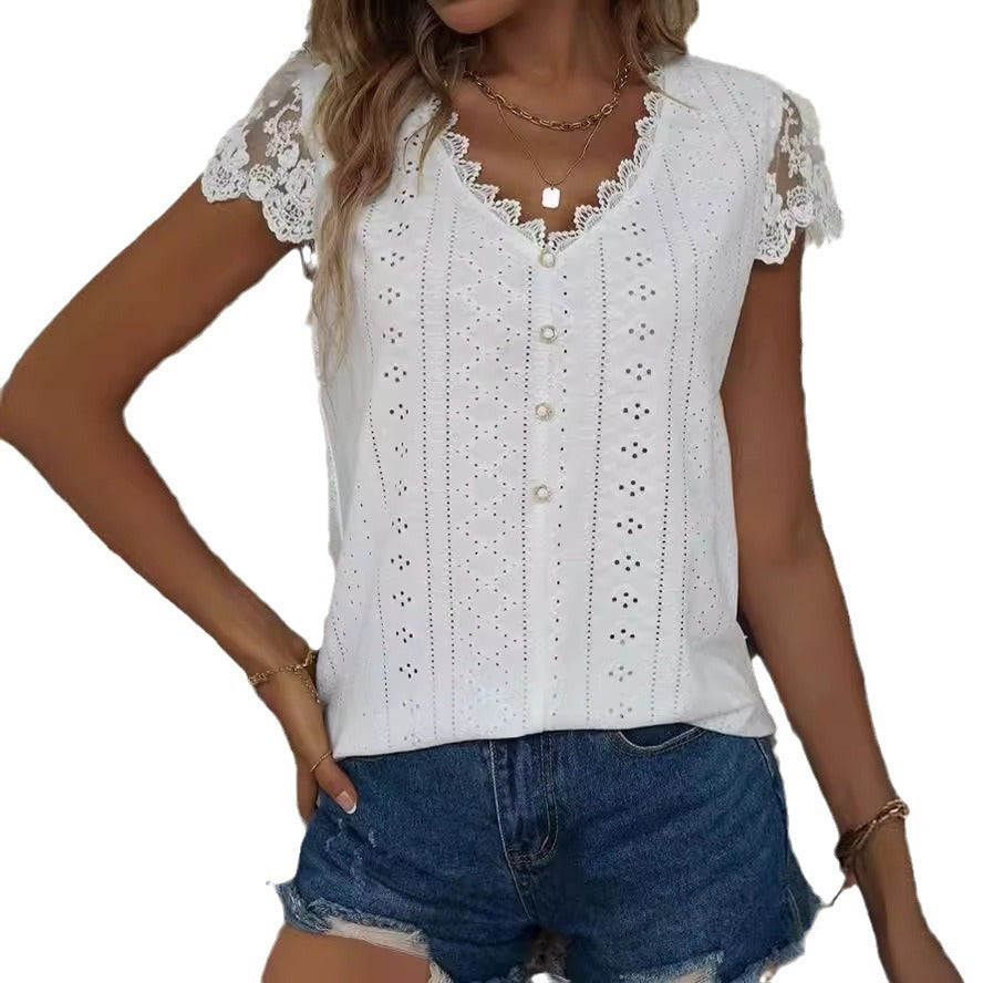 European And American Fashion Loose Solid Color Lace V-neck Short Sleeve T-shirt Top