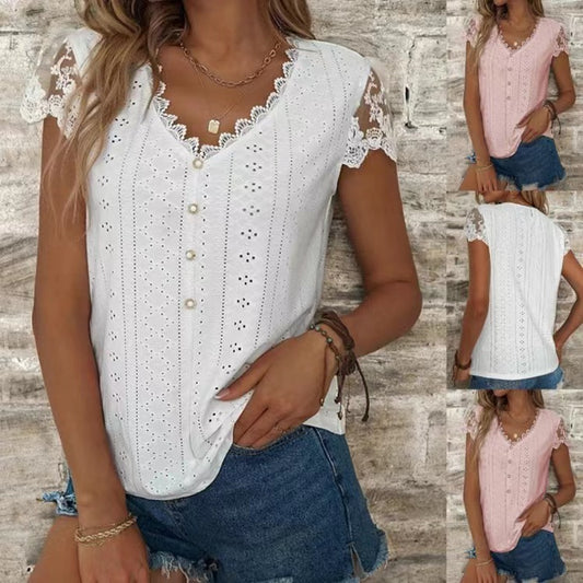 European And American Fashion Loose Solid Color Lace V-neck Short Sleeve T-shirt Top