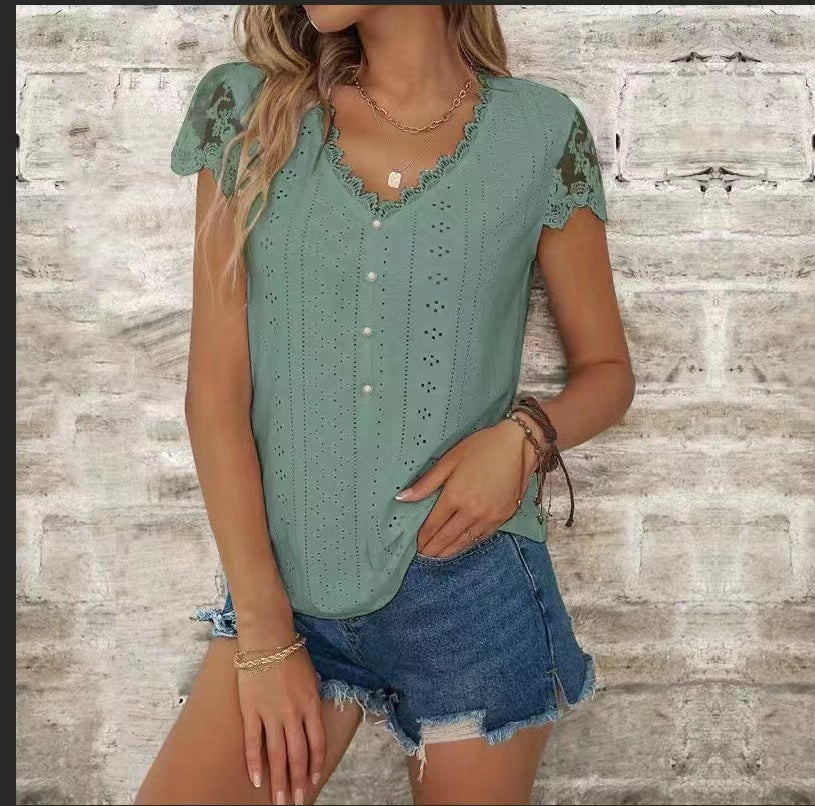 European And American Fashion Loose Solid Color Lace V-neck Short Sleeve T-shirt Top