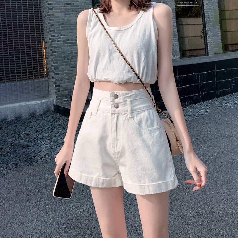 Curling Denim Shorts Women's Summer Loose High Waist Double Buckle